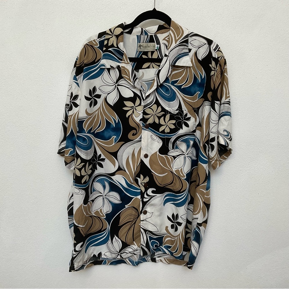 Sandwich Isle Tan White, Blue Allover Florak Hawaiian Short Sleeve Shirt Size XL